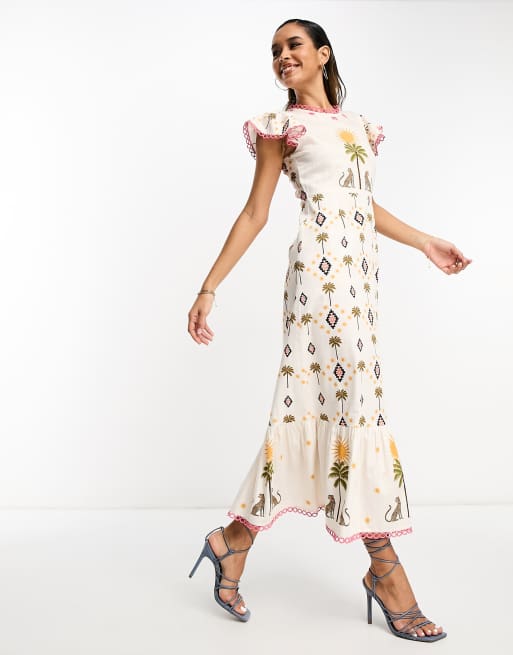 Never Fully Dressed - Geborduurde midaxi-jurk met ruchemouwen en gemengde prints