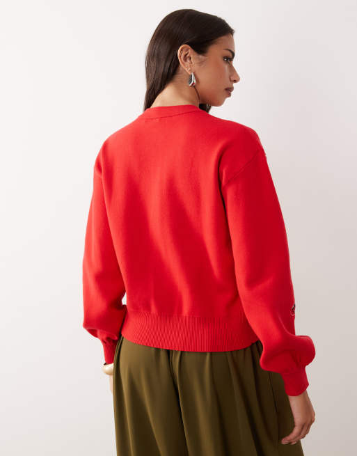 Never Fully Dressed - Gebreid vest met lange mouwen, knoopsluiting en borduursels in rood, 2 van 4