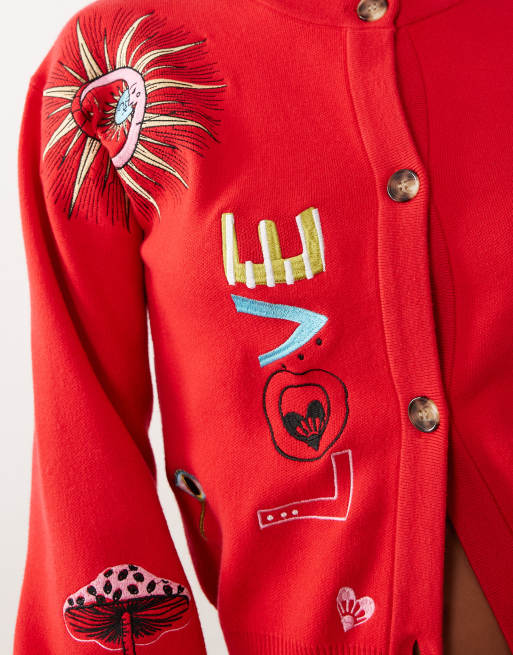 Never Fully Dressed - Gebreid vest met lange mouwen, knoopsluiting en borduursels in rood, 4 van 4