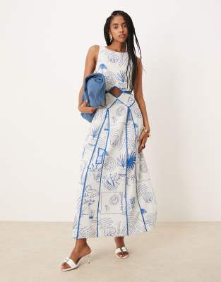 Never Fully Dressed - Gemustertes Midaxi-Kleid in Blau mit Kontrastnaht-Weiß