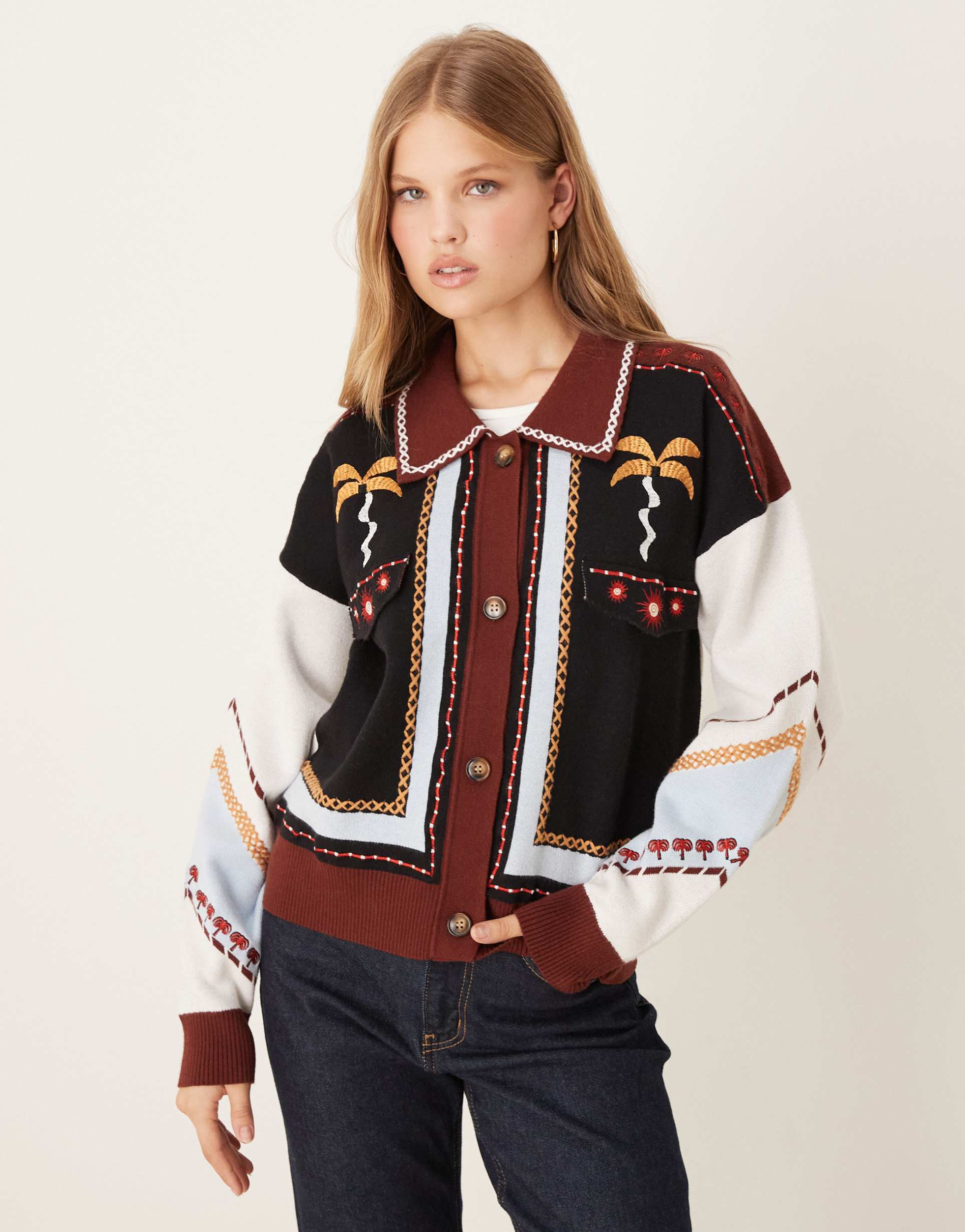 never fully dressed geometric contrast stitch knit bomber jacket in chocolate