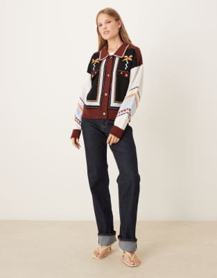 Never Fully Dressed Geometric Contrast Stitch Knit Bomber Jacket In Multi