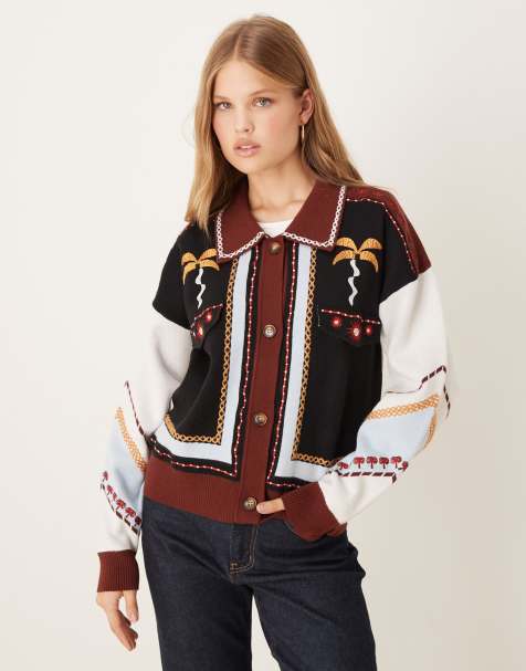 Never Fully Dressed geometric contrast stitch knitted bomber jacket in chocolate - view 1