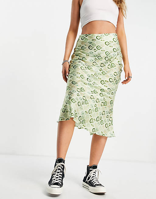 Never Fully Dressed geometric tile print midi slip skirt co-ord in green