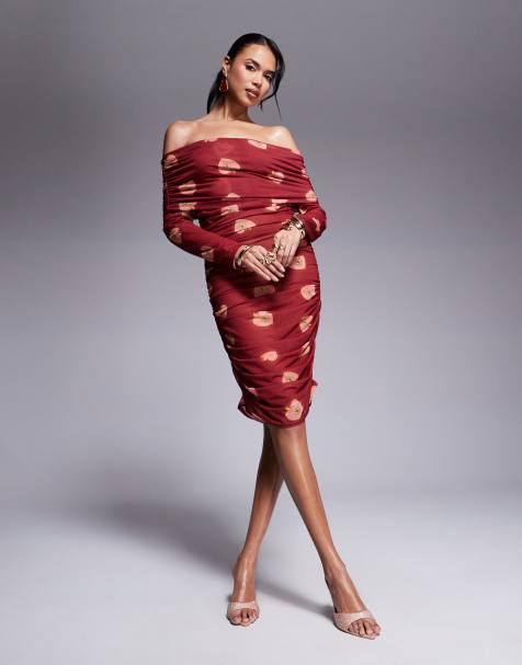 Never Fully Dressed – Gerafftes Bardot Minikleid aus Mesh in Burgunderrot mit Herzprint - view 1