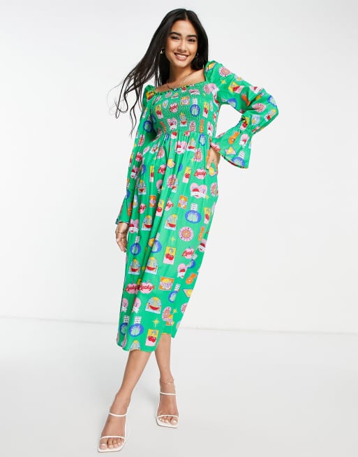 Never Fully Dressed - Gesmokte midi-jurk met fruitsticker-print in groen