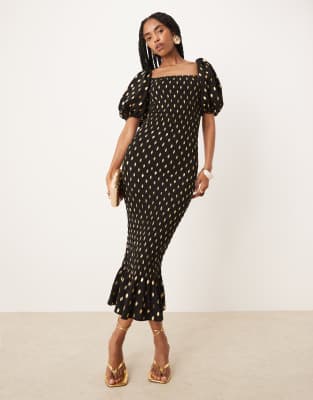 Never Fully Dressed - Gesmoktes Midaxikleid in Schwarz mit Puffärmeln
