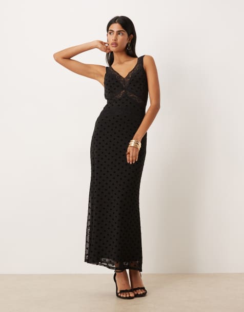 Never Fully Dressed Gianna mesh lace trim midaxi dress in black polka dot