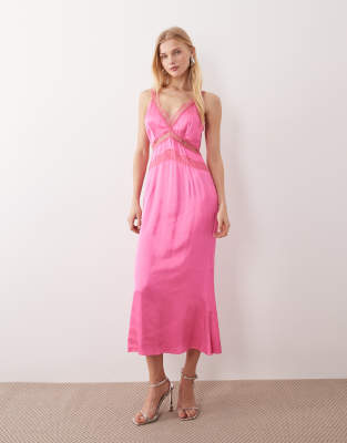Never Fully Dressed Gianna Satin Maxi Dress With Lace Detail In Pink