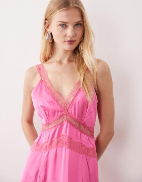 Never Fully Dressed Gianna satin maxi dress with lace detail in pink - view 1