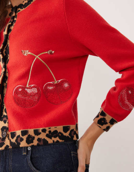 Never Fully Dressed - Gilet brodé de cerises à bords contrastés en léopard - Rouge, 3 de 4