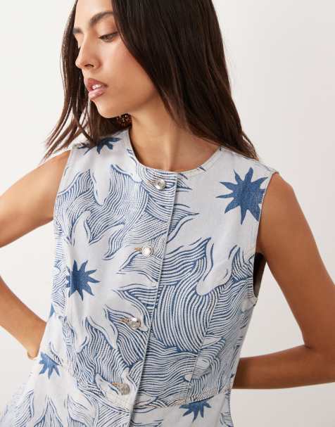 Never Fully Dressed - Gilet van denim keperstof met lange pasvorm in blauwe zonneprint, deel van co-ord set - view 1