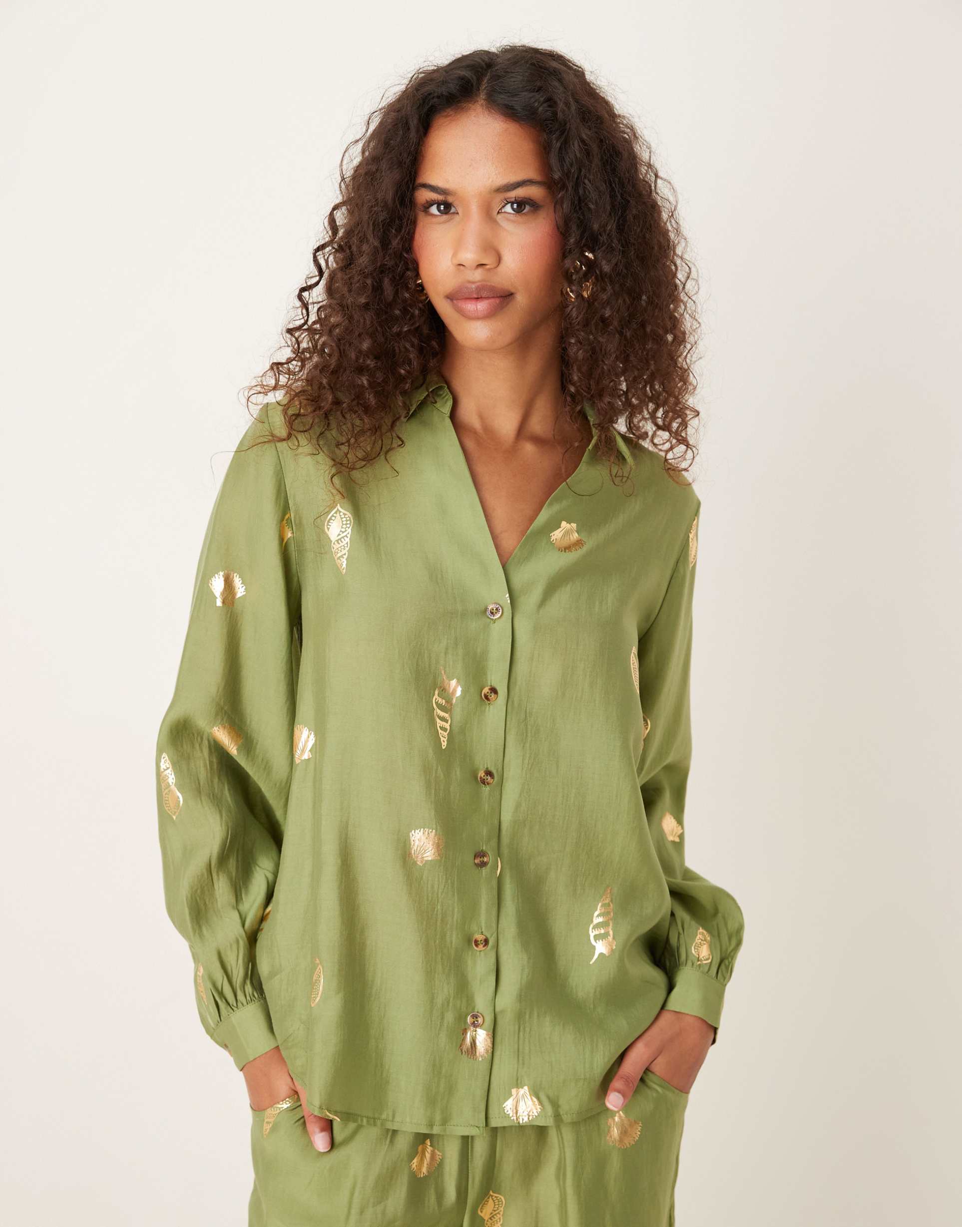 never fully dressed gold foil shell shirt in khaki - part of a set