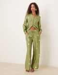 [Never Fully Dressed] Never Fully Dressed gold foil shell wide leg pants in khaki (part of a set)-Green 12 Khaki