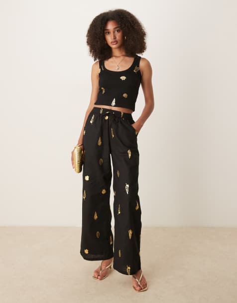 Never Fully Dressed gold shell wide leg trouser co-ord in black