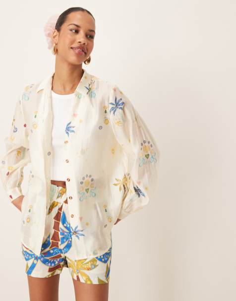 Never Fully Dressed – Gräddvit, avslappnad skjorta med palmtryck, del av set - view 1