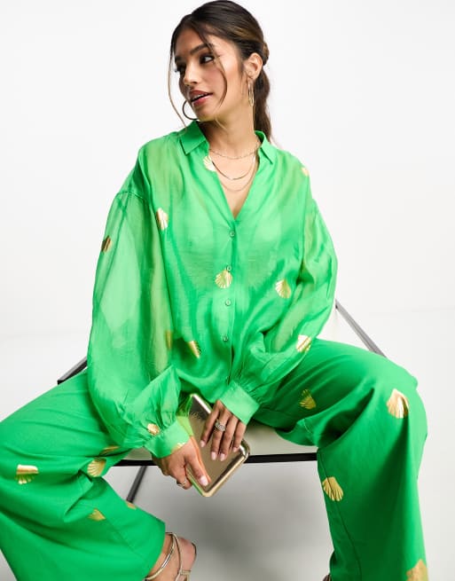Never Fully Dressed – Grön, metallisk skjorta i oversize, del av set