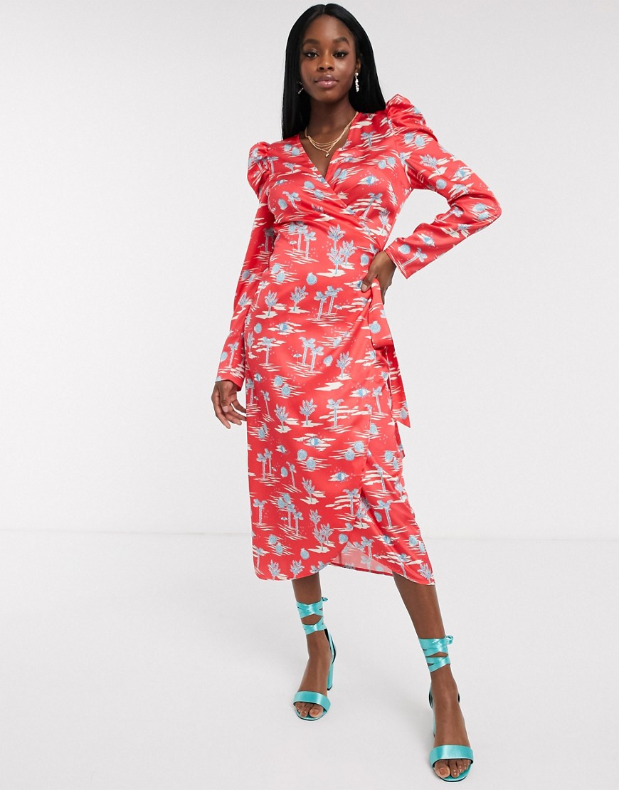 Never Fully Dressed - Halflange jurk met overslag en pofmouwen in rood met palmbomenprint-Multi