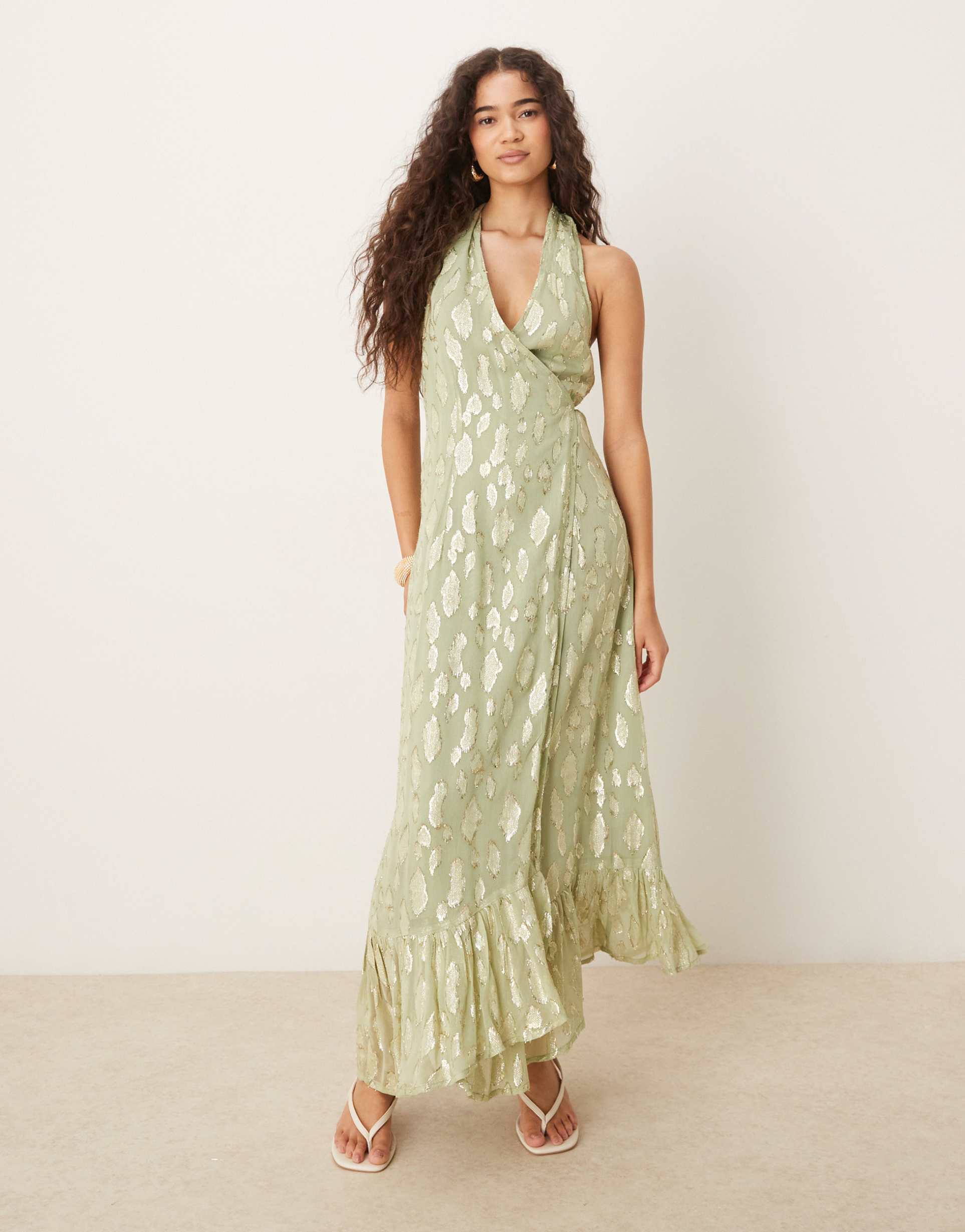 never fully dressed halter neck metallic maxi dress in sage