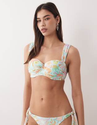 Haut de bikini d'ensemble à bonnets formés et bretelles avec imprimé soleil - Bleu 80F