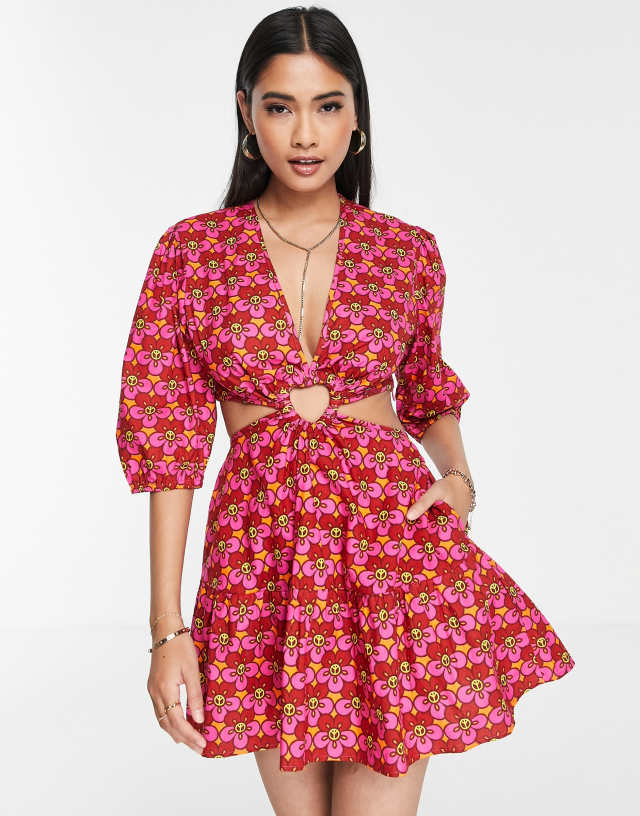 Never Fully Dressed - heart cut-out mini dress in red peace flower print