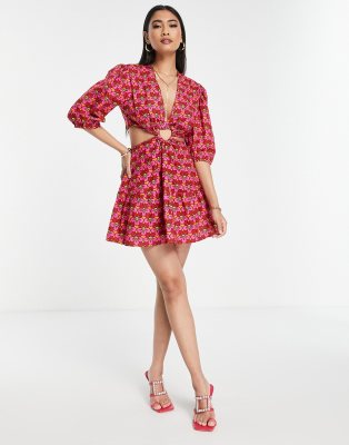 Never Fully Dressed heart cut-out mini dress in red peace flower print