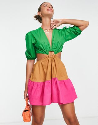 Never Fully Dressed heart cut-out mini dress in watermelon colour block