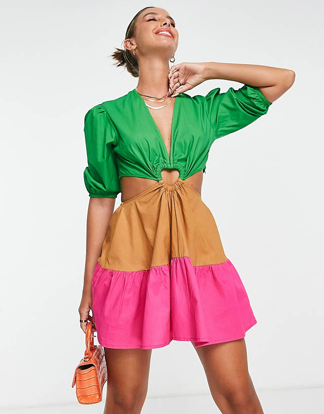 Never Fully Dressed - heart cut-out mini dress in watermelon colour block