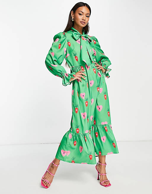 Never Fully Dressed heart print smock maxi dress in emerald green