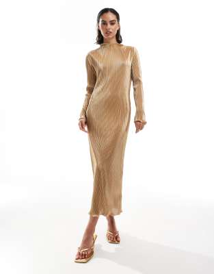 Never Fully Dressed - Hochgeschlossenes plissiertes Maxikleid in Goldoptik-Goldfarben