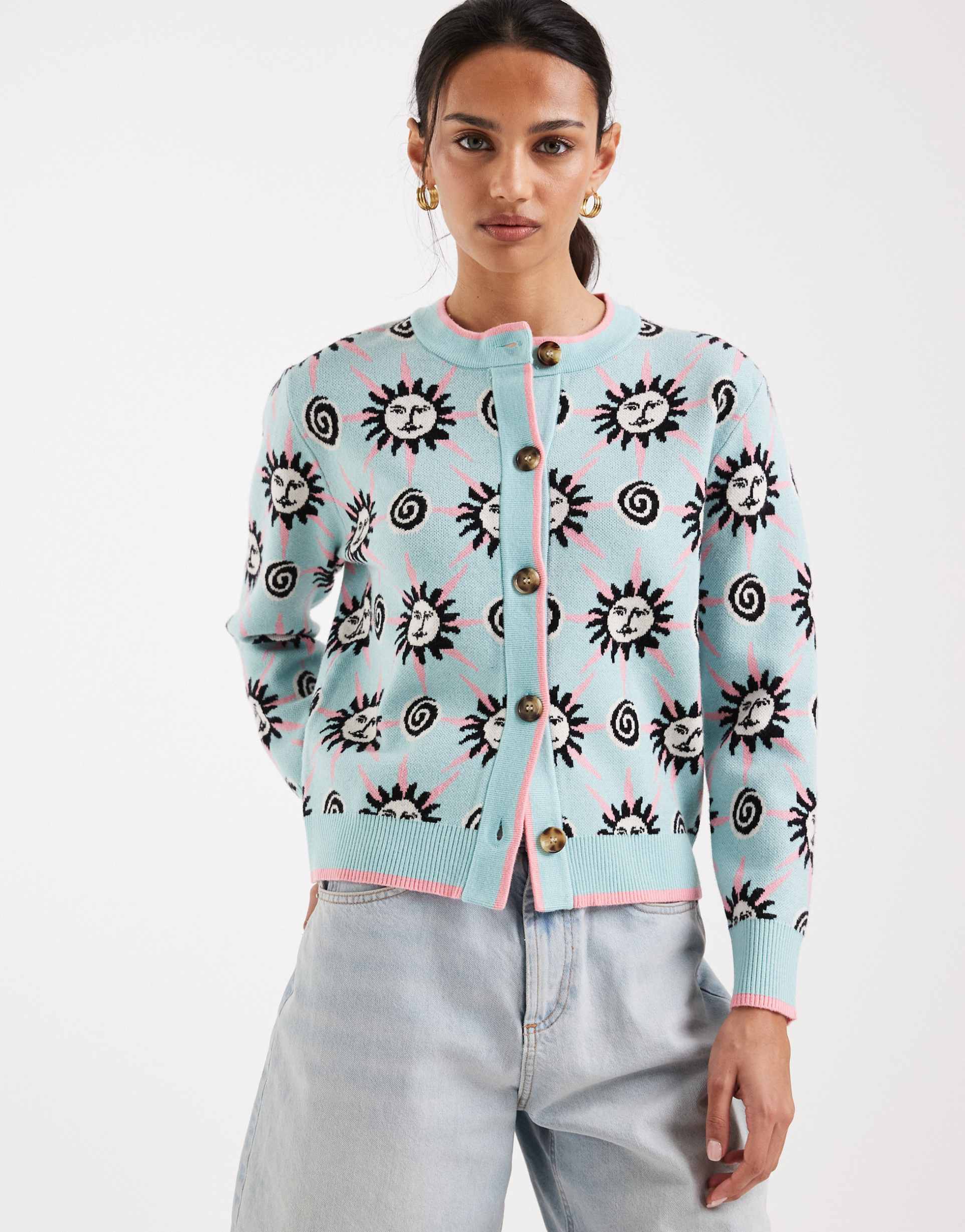 never fully dressed hollie knit cardigan in blue sun print