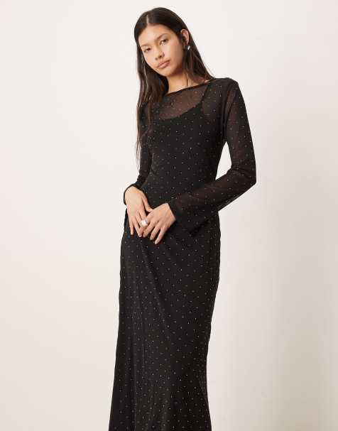 Never Fully Dressed hotfix embellished long sleeve midaxi dress in black - view 1
