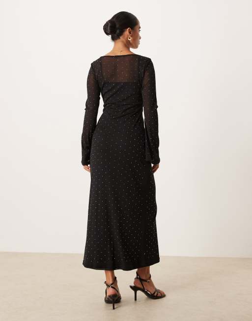 Never Fully Dressed hotfix embellished mesh bell sleeve midaxi dress in black, 2 of 4