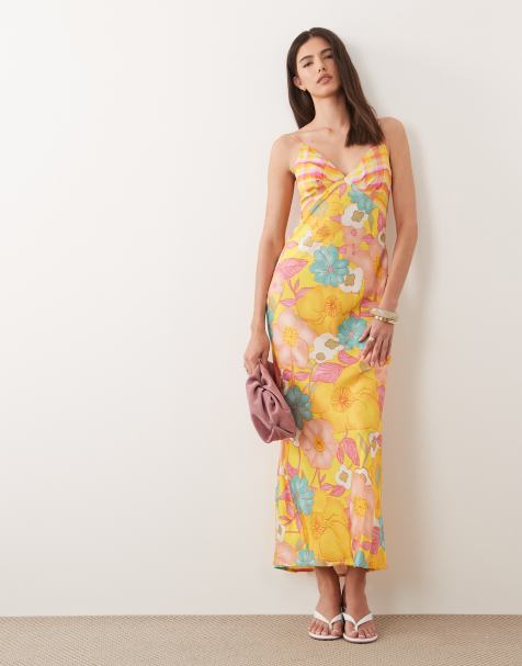 Never Fully Dressed - Imogen - Robe caraco longue coupée en biais en satin à imprimé fleuri - Orange - view 1