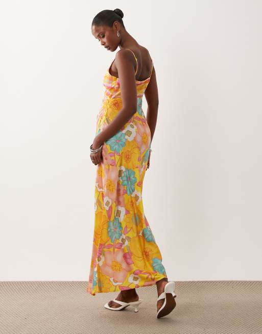 Never Fully Dressed - Imogen - Vestito lungo con spalline sottili in raso arancione a fiori, 4 di 4