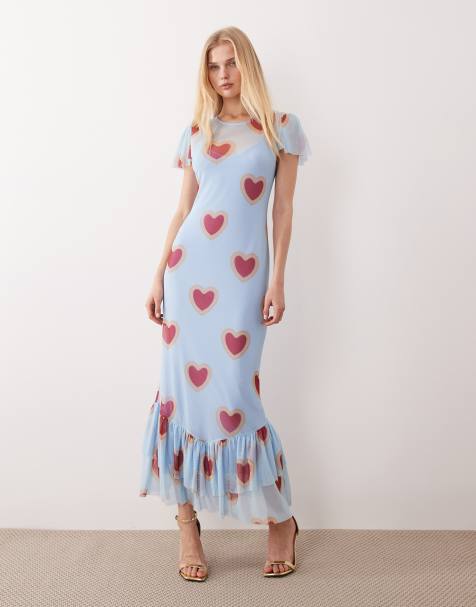 Never Fully Dressed – Jasnoniebieska siateczkowa sukienka maxi w serca ze zwiewnymi rękawami - view 1