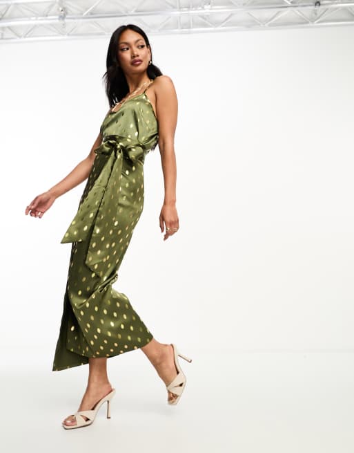 Never Fully Dressed - Jaspre - Gonna midi avvolgente kaki con dettagli oro in coordinato