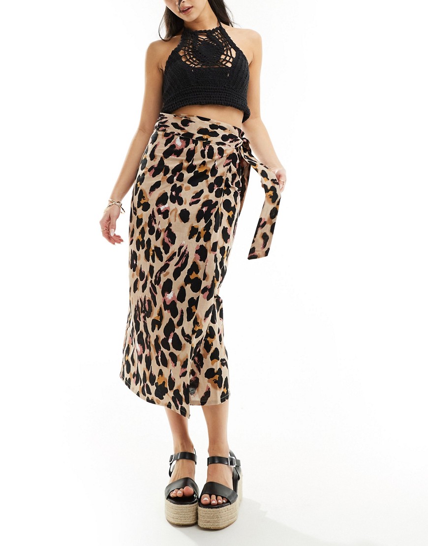 Never Fully Dressed Jaspre Linen Midaxi Skirt In Leopard-multi