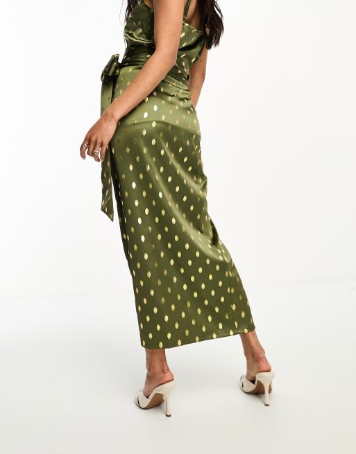 Never Fully Dressed Jaspre Midi wikkelrok in kaki met gouden