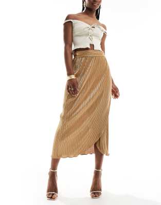 Never Fully Dressed Jaspre Plisse Midi Skirt In Gold