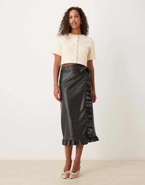 Never Fully Dressed Jaspre PU ruffle midi skirt in black