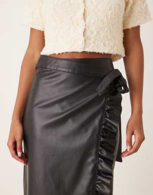Never Fully Dressed Jaspre Pu Ruffle Midi Skirt In Black