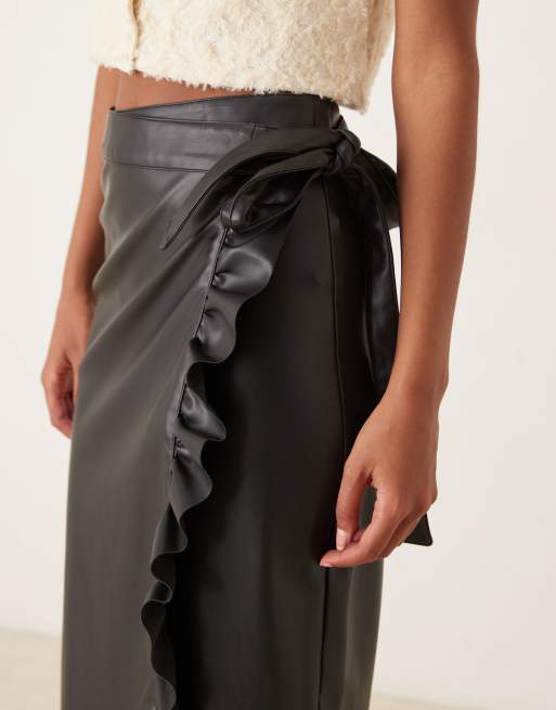 Never Fully Dressed Jaspre PU ruffle midi skirt in black, 4 of 5
