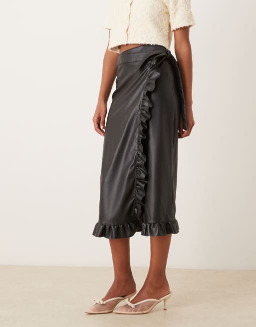 Never Fully Dressed Jaspre PU ruffle midi skirt in black, 5 of 5