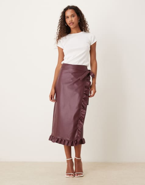 Never Fully Dressed Jaspre PU ruffle midi skirt in wine