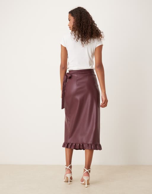 Never Fully Dressed Jaspre PU ruffle midi skirt in wine, 3 of 5