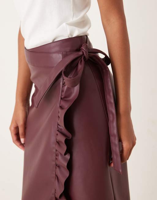 Never Fully Dressed Jaspre PU ruffle midi skirt in wine, 4 of 5