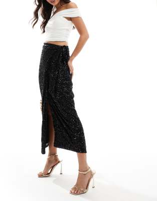 Jaspre sequin wrap maxi skirt in black