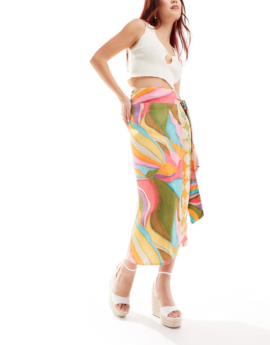 Never Fully Dressed Jaspre wrap midaxi skirt in abstract print-Multi
