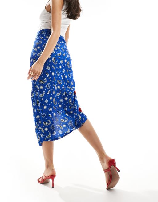 Never Fully Dressed Jaspre wrap midaxi skirt in blue bandana print